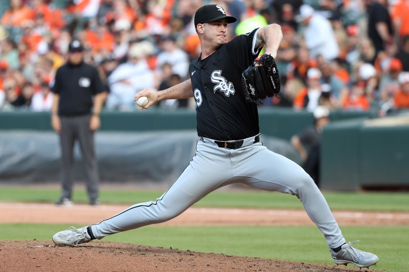 May 31, 2025; Baltimore, Maryland, USA; Chicago White Sox pitcher Jordan Leasure (49) throws during the seventh inning against the Baltimore Orioles at Oriole Park at Camden Yards. Mandatory Credit: Daniel Kucin Jr.-Imagn Images