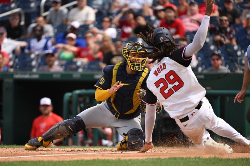 Aug 4, 2024; Washington, District of Columbia, USA; Milwaukee Brewers catcher Gary Sanchez (99) looks to tag out Washington Nationals center fielder James Wood (29) at home plate during a steal attempt during the sixth inning at Nationals Park. Mandatory Credit: Rafael Suanes-USA TODAY Sports