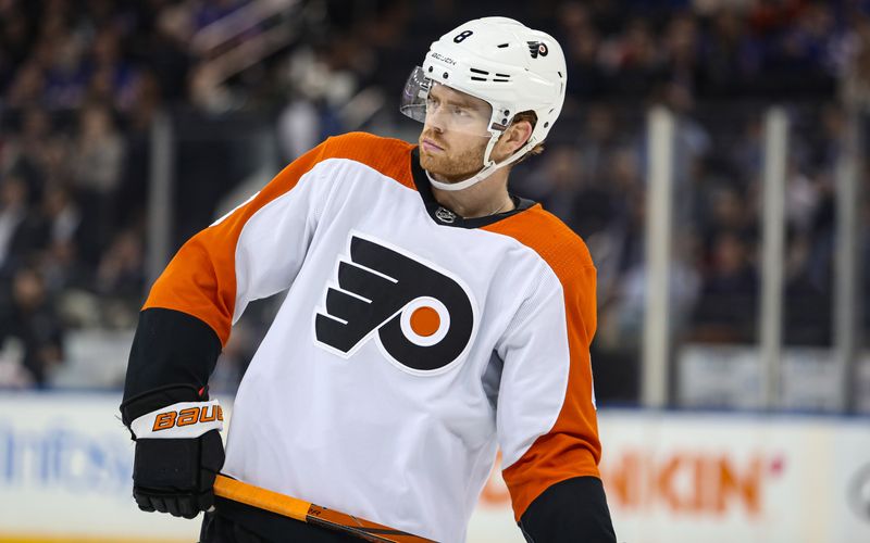 Apr 11, 2024; New York, New York, USA; Philadelphia Flyers defenseman Cam York (8) celebrates his goal against the New York Rangers during the first period at Madison Square Garden. Mandatory Credit: Danny Wild-USA TODAY Sports