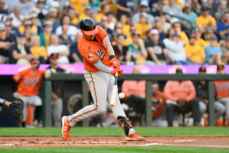 Aug 12, 2023; Seattle, Washington, USA; Baltimore Orioles designated hitter Ryan Mountcastle (6) hits a single against the Seattle Mariners during the second inning at T-Mobile Park. Mandatory Credit: Steven Bisig-USA TODAY Sports