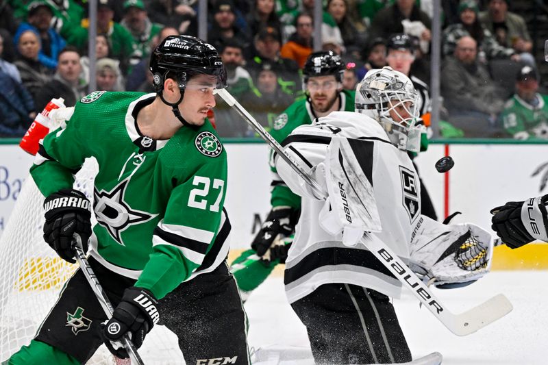 Jan 16, 2024; Dallas, Texas, USA; Los Angeles Kings goaltender Cam Talbot (39) stops a shot by Dallas Stars left wing Mason Marchment (27) during the second period at the American Airlines Center. Mandatory Credit: Jerome Miron-USA TODAY Sports