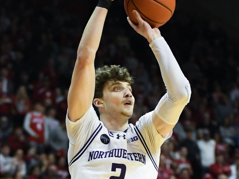 Feb 18, 2024; Bloomington, Indiana, USA;  Northwestern Wildcats forward Nick Martinelli (2) attempts a shot against the Indiana Hoosiers during the second half at Simon Skjodt Assembly Hall. Mandatory Credit: Robert Goddin-USA TODAY Sports