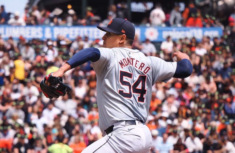 Aug 11, 2024; San Francisco, California, USA; Detroit Tigers starting pitcher Keider Montero (54) pitches the ball against the San Francisco Giants during the first inning at Oracle Park. Mandatory Credit: Kelley L Cox-USA TODAY Sports