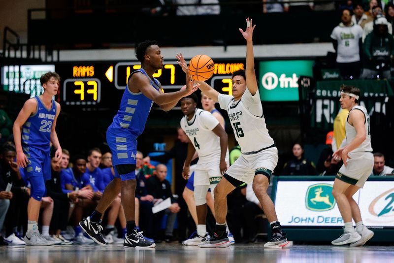 Jan 16, 2024; Fort Collins, Colorado, USA; Air Force Falcons guard Ethan Taylor (5) passes the ball as Colorado State Rams guard Jalen Lake (15) guards in the second half at Moby Arena. Mandatory Credit: Isaiah J. Downing-USA TODAY Sports