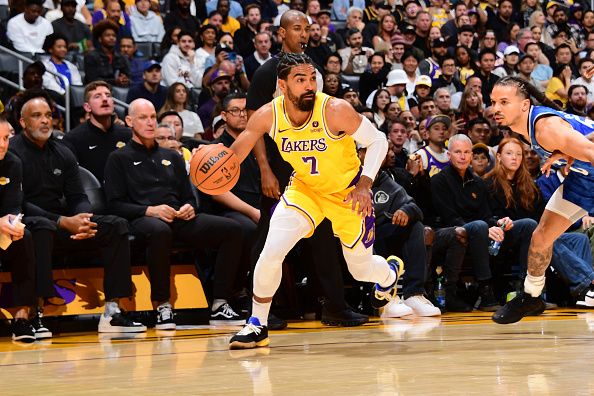 LOS ANGELES, CA - OCTOBER 30: Gabe Vincent #7 of the Los Angeles Lakers dribbles the ball during the game against the Orlando Magic on October 30, 2023 at Crypto.Com Arena in Los Angeles, California. NOTE TO USER: User expressly acknowledges and agrees that, by downloading and/or using this Photograph, user is consenting to the terms and conditions of the Getty Images License Agreement. Mandatory Copyright Notice: Copyright 2023 NBAE (Photo by Adam Pantozzi/NBAE via Getty Images)