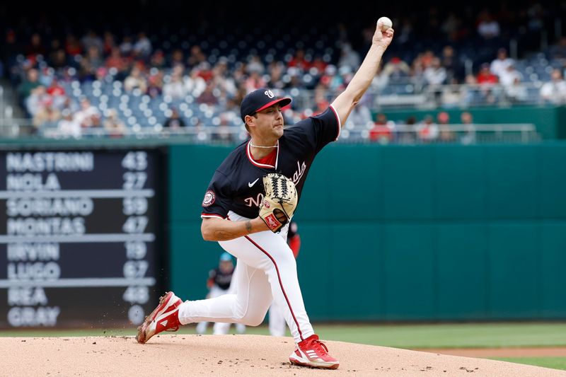 Apr 21, 2024; Washington, District of Columbia, USA; Washington Nationals starting pitcher Mitchell Parker (70) pitches against the Houston Astros during the first inning at Nationals Park. Mandatory Credit: Geoff Burke-USA TODAY Sports