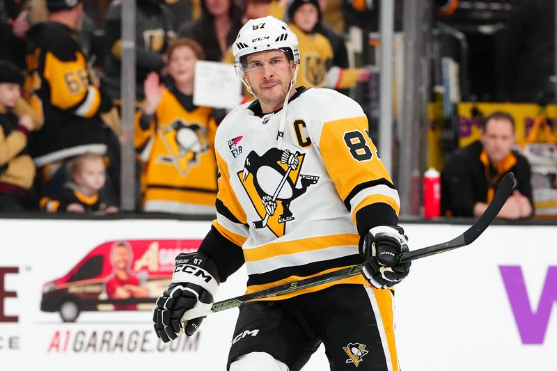 Jan 20, 2024; Las Vegas, Nevada, USA; Pittsburgh Penguins center Sidney Crosby (87) warms up before a game against the Vegas Golden Knights at T-Mobile Arena. Mandatory Credit: Stephen R. Sylvanie-USA TODAY Sports