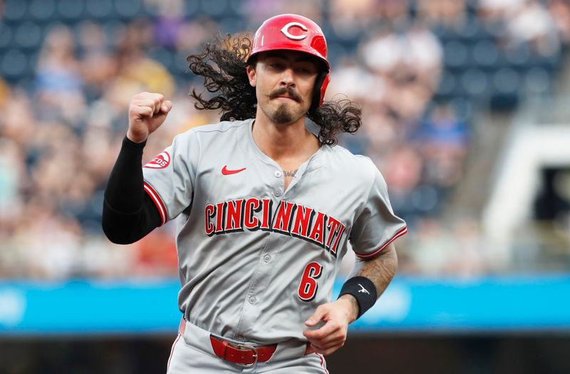 Jun 18, 2024; Pittsburgh, Pennsylvania, USA;  Cincinnati Reds second baseman Jonathan India (6) gestures as he comes around to score on a two run home run by third baseman Santiago Espinal (not pictured) against the Pittsburgh Pirates during the fifth inning at PNC Park. Mandatory Credit: Charles LeClaire-USA TODAY Sports