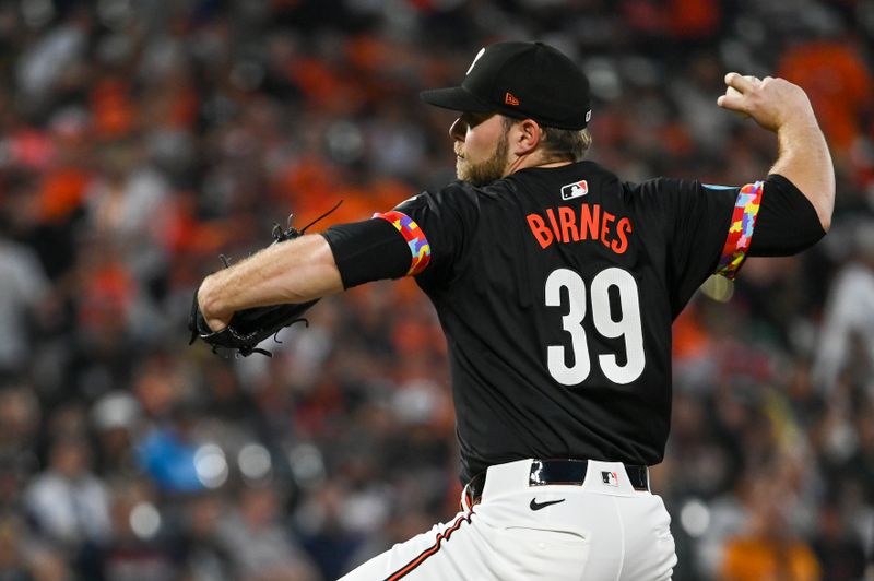 Sep 20, 2024; Baltimore, Maryland, USA;  Baltimore Orioles pitcher Corbin Burnes (39) throws a first inning pitch against the Detroit Tigers at Oriole Park at Camden Yards. Mandatory Credit: Tommy Gilligan-Imagn Images