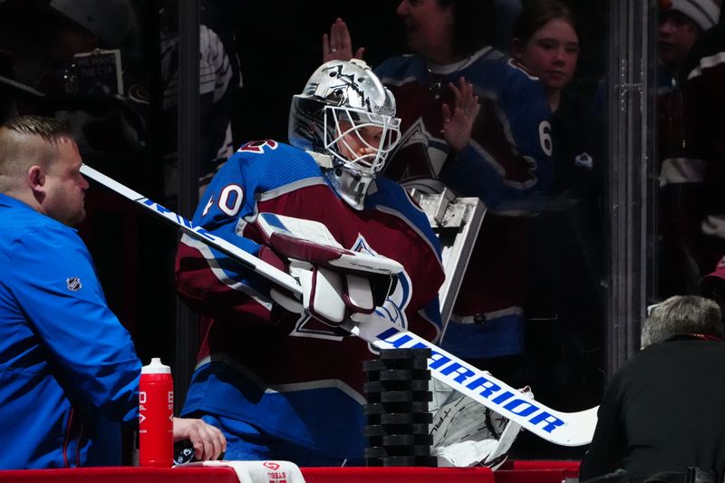 Jan 24, 2023; Denver, Colorado, USA; Colorado Avalanche goaltender Alexandar Georgiev (40) before the game against the Colorado Buffaloes at Ball Arena. Mandatory Credit: Ron Chenoy-USA TODAY Sports