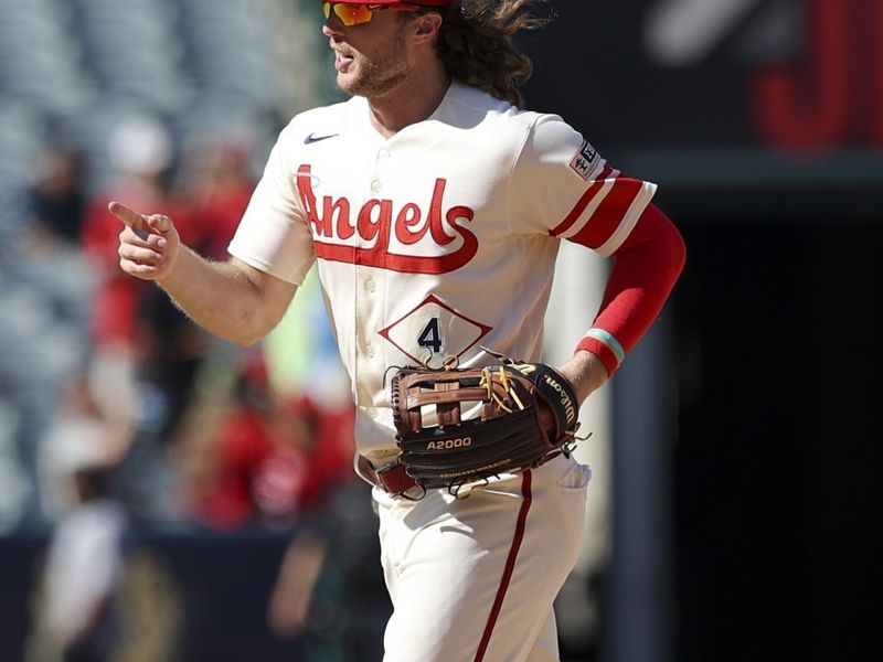 Sep 10, 2023; Anaheim, California, USA; Los Angeles Angels center fielder Brett Phillips (4) gestures after the Los Angeles Angels defeat the Cleveland Guardians at Angel Stadium. Mandatory Credit: Jessica Alcheh-USA TODAY Sports