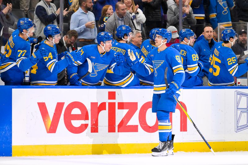 Nov 11, 2025; St. Louis, Missouri, USA; St. Louis Blues defenseman Matthew Kessel (51) celebrates with teammates after scoring against the Calgary Flames during the first period at Enterprise Center. Mandatory Credit: Jeff Curry-Imagn Images
