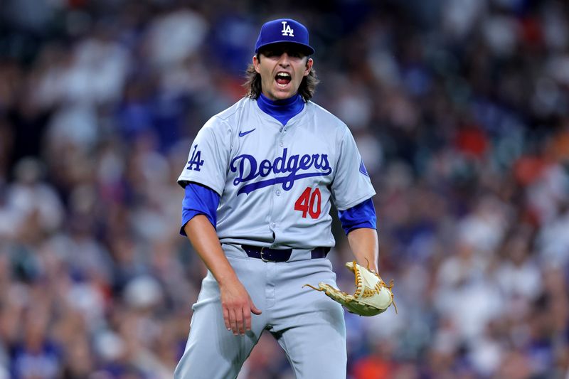Jul 28, 2024; Houston, Texas, USA; Los Angeles Dodgers relief pitcher Brent Honeywell (40) reacts after the final out against the Houston Astros during the ninth inning at Minute Maid Park. Mandatory Credit: Erik Williams-USA TODAY Sports