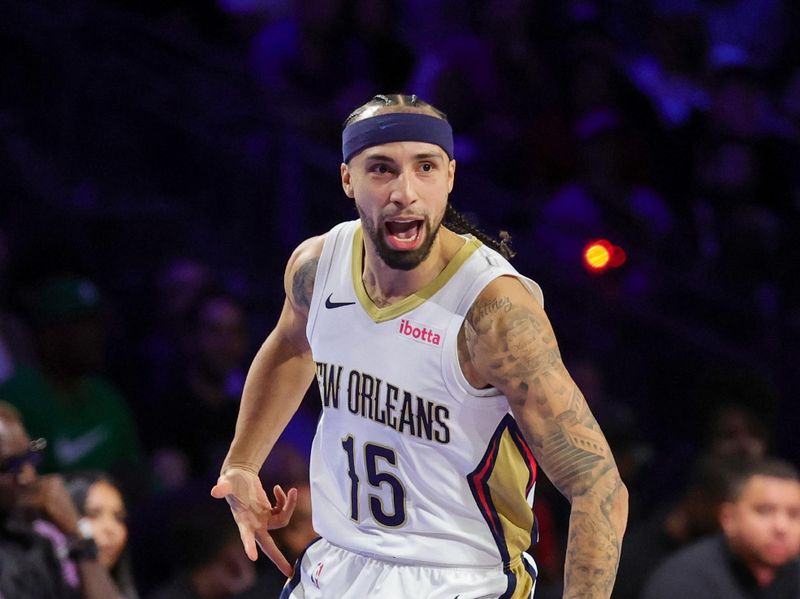 LAS VEGAS, NEVADA - DECEMBER 07: Jose Alvarado #15 of the New Orleans Pelicans reacts after hitting a 3-pointer against the Los Angeles Lakers in the first half of the West semifinal game of the inaugural NBA In-Season Tournament at T-Mobile Arena on December 07, 2023 in Las Vegas, Nevada. NOTE TO USER: User expressly acknowledges and agrees that, by downloading and or using this photograph, User is consenting to the terms and conditions of the Getty Images License Agreement.  (Photo by Ethan Miller/Getty Images)