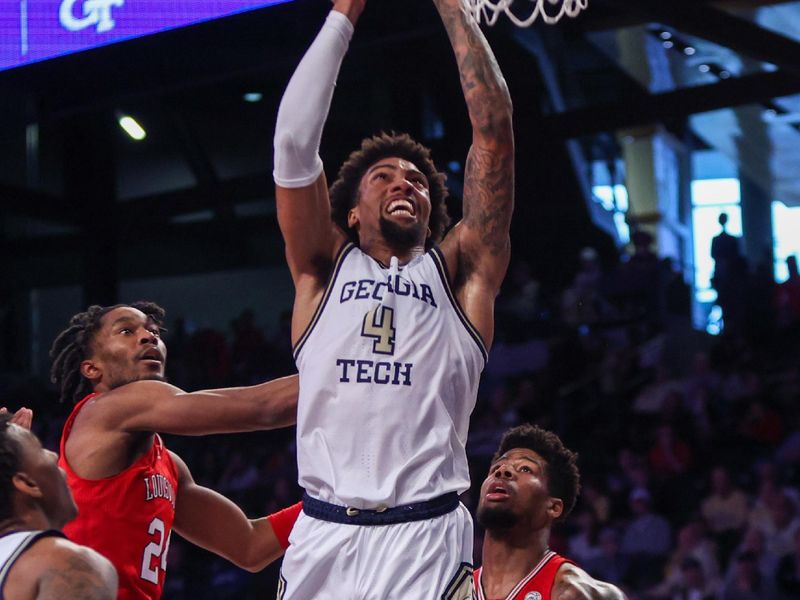 Feb 25, 2023; Atlanta, Georgia, USA; Georgia Tech Yellow Jackets forward Javon Franklin (4) dunks against the Louisville Cardinals in the second half at McCamish Pavilion. Mandatory Credit: Brett Davis-USA TODAY Sports