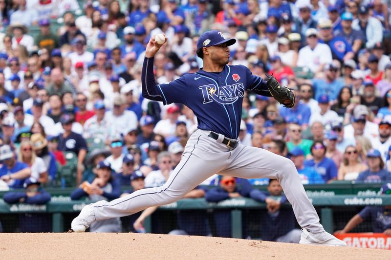 May 29, 2023; Chicago, Illinois, USA; Tampa Bay Rays starting pitcher Taj Bradley (45) throws the ball against the Chicago Cubs during the first inning at Wrigley Field. Mandatory Credit: David Banks-USA TODAY Sports