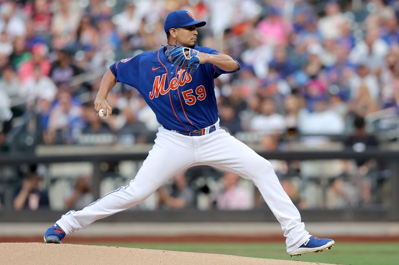 Jul 18, 2023; New York City, New York, USA; New York Mets starting pitcher Carlos Carrasco (59) pitches against the Chicago White Sox during the first inning at Citi Field. Mandatory Credit: Brad Penner-USA TODAY Sports