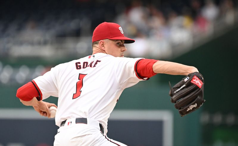 Aug 6, 2024; Washington, District of Columbia, USA; Washington Nationals starting pitcher MacKenzie Gore (1) throws a pitch against the San Francisco Giants during the first inning at Nationals Park. Mandatory Credit: Rafael Suanes-USA TODAY Sports