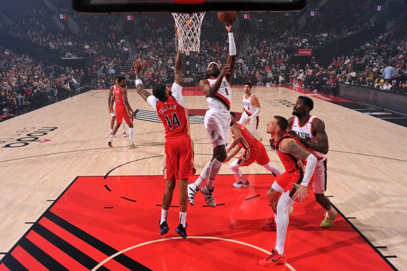 PORTLAND, OR - OCTOBER 27: Jerami Grant #9 of the Portland Trail Blazers drives to the basket during the game against the New Orleans Pelicans on October 27, 2024 at the Moda Center Arena in Portland, Oregon. NOTE TO USER: User expressly acknowledges and agrees that, by downloading and or using this photograph, user is consenting to the terms and conditions of the Getty Images License Agreement. Mandatory Copyright Notice: Copyright 2024 NBAE (Photo by Cameron Browne/NBAE via Getty Images)