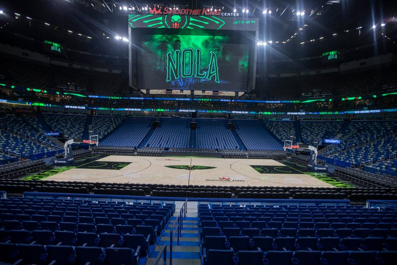 NEW ORLEANS, LA - JANUARY 19: An overall view of the New Orleans Pelicans City Edition Court before the game against the Phoenix Suns in New Orleans, Louisiana at Smoothie King Center on January 19, 2024. NOTE TO USER: User expressly acknowledges and agrees that, by downloading and or using this Photograph, user is consenting to the terms and conditions of the Getty Images License Agreement. Mandatory Copyright Notice: Copyright 2023 NBAE (Photo by Layne Murdoch Jr./NBAE via Getty Images)