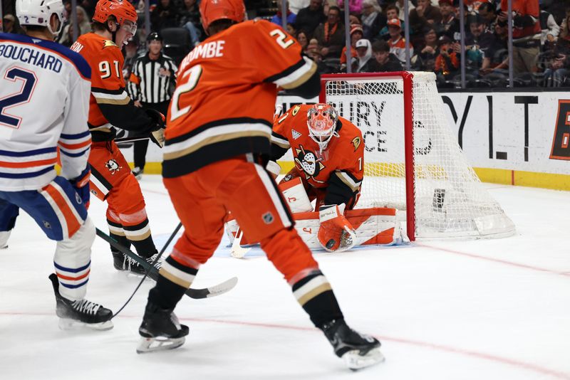 Feb 25, 2026; Anaheim, California, USA;  Anaheim Ducks goaltender Lukas Dostal (1) makes a save during the first period against the Edmonton Oilers at Honda Center. Mandatory Credit: Kiyoshi Mio-Imagn Images