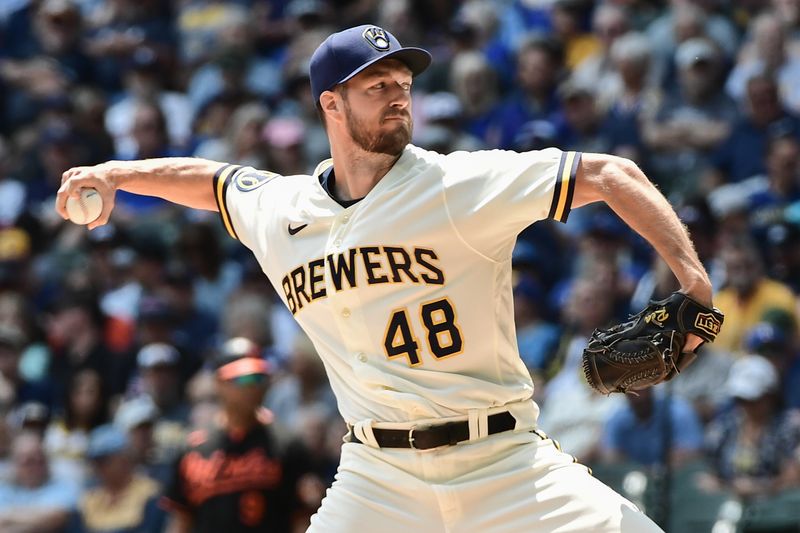 Jun 8, 2023; Milwaukee, Wisconsin, USA; Milwaukee Brewers pitcher Colin Rea (48) pitches against the Baltimore Orioles in the first inning at American Family Field. Mandatory Credit: Benny Sieu-USA TODAY Sports