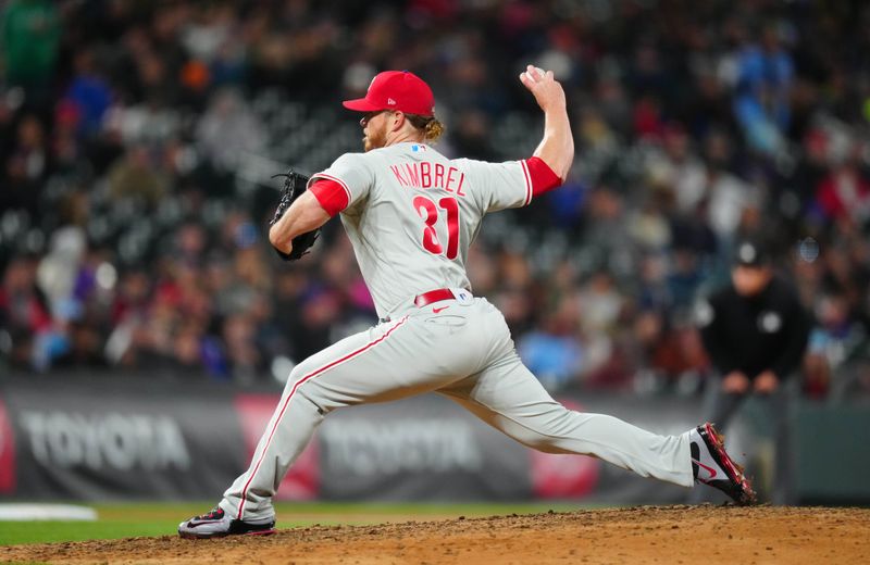 May 12, 2023; Denver, Colorado, USA; Philadelphia Phillies relief pitcher Craig Kimbrel (31) delivers a pitch in the ninth inning against the Colorado Rockies at Coors Field. Mandatory Credit: Ron Chenoy-USA TODAY Sports