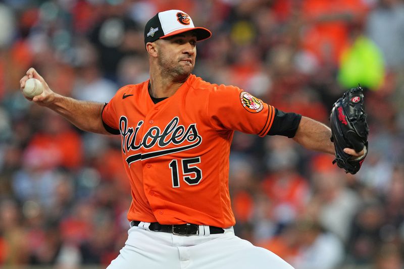 Oct 8, 2023; Baltimore, Maryland, USA; Baltimore Orioles starting pitcher Jack Flaherty (15) pitches during the fifth inning against the Texas Rangers during game two of the ALDS for the 2023 MLB playoffs at Oriole Park at Camden Yards. Mandatory Credit: Mitch Stringer-USA TODAY Sports