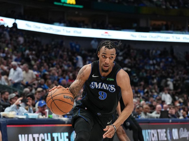 DALLAS, TX - APRIL 12: AJ Lawson #9 of the Dallas Mavericks drives to the basket during the game against the Detroit Pistons on April 12, 2024 at the American Airlines Center in Dallas, Texas. NOTE TO USER: User expressly acknowledges and agrees that, by downloading and or using this photograph, User is consenting to the terms and conditions of the Getty Images License Agreement. Mandatory Copyright Notice: Copyright 2024 NBAE (Photo by Glenn James/NBAE via Getty Images)