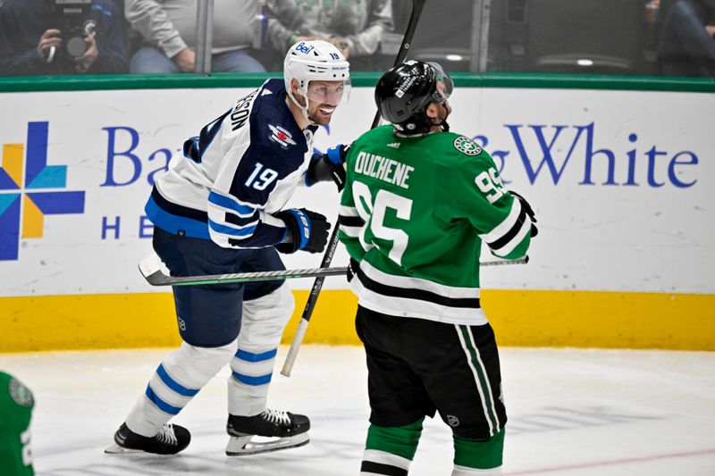 Apr 11, 2024; Dallas, Texas, USA; Dallas Stars center Matt Duchene (95) reacts to a goal scored by Winnipeg Jets center David Gustafsson (19) during the second period at the American Airlines Center. Mandatory Credit: Jerome Miron-USA TODAY Sports