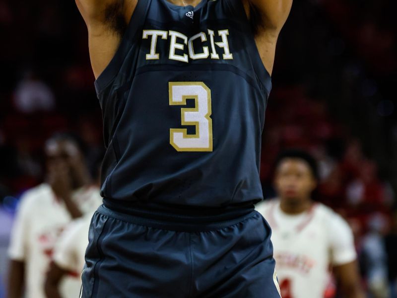 Feb 4, 2023; Raleigh, North Carolina, USA; Georgia Tech Yellow Jackets guard Dallan Coleman (3) shoots a free throw during the second half of the game against North Carolina State Wolfpack at PNC Arena. Mandatory Credit: Jaylynn Nash-USA TODAY Sports