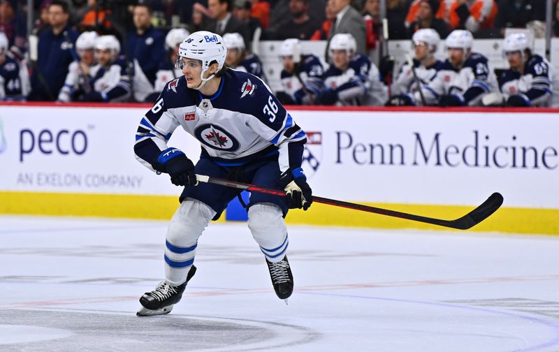 Jan 22, 2023; Philadelphia, Pennsylvania, USA; Winnipeg Jets center Morgan Barron (36) in action against the Philadelphia Flyers in the first period at Wells Fargo Center. Mandatory Credit: Kyle Ross-USA TODAY Sports