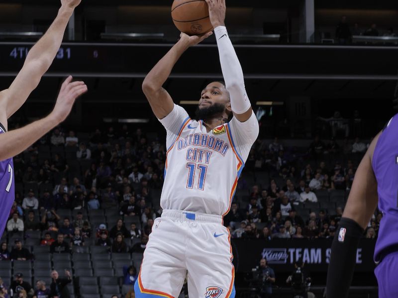 SACRAMENTO, CA - NOVEMBER 25: Isaiah Joe #11 of the Oklahoma City Thunder shoots the ball during the game against the Sacramento Kings on November 25, 2024 at Golden 1 Center in Sacramento, California. NOTE TO USER: User expressly acknowledges and agrees that, by downloading and or using this Photograph, user is consenting to the terms and conditions of the Getty Images License Agreement. Mandatory Copyright Notice: Copyright 2024 NBAE (Photo by Rocky Widner/NBAE via Getty Images)