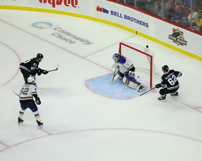 Sep 22, 2024; Des Moines, Iowa, USA; Utah Hockey Club forward Michael Carcone (53) scores the first ever goal for for Utah against the St. Louis Blues Wells Fargo Arena. Mandatory Credit: Reese Strickland-Imagn Images
