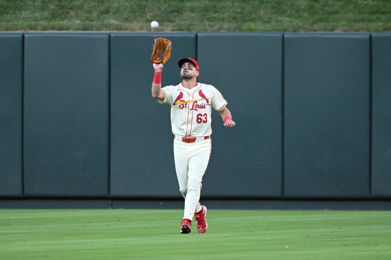 Sep 7, 2024; St. Louis, Missouri, USA; St. Louis Cardinals center fielder Michael Siani (63) catches a fly ball by the Seattle Mariners in the second inning at Busch Stadium. Mandatory Credit: Joe Puetz-Imagn Images