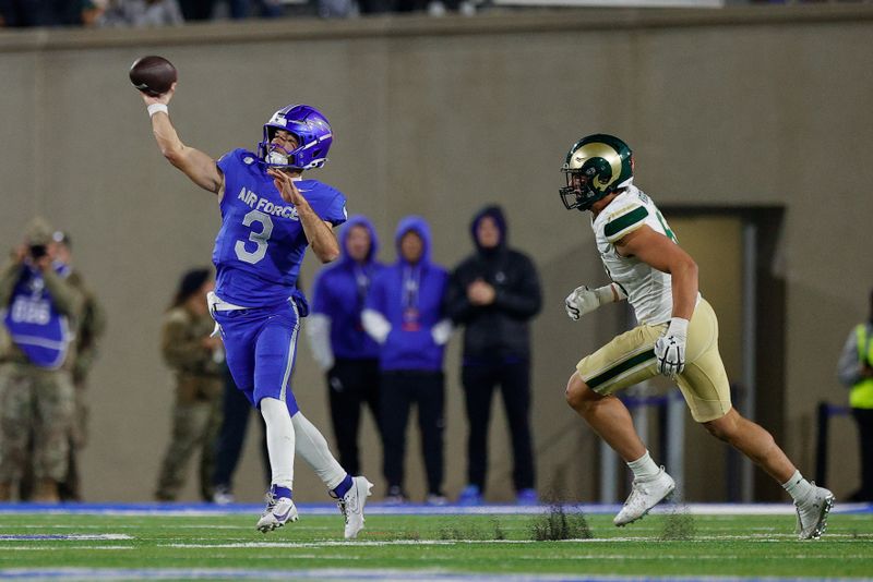 Oct 19, 2024; Colorado Springs, Colorado, USA; Air Force Falcons quarterback John Busha (3) scrambles under pressure from Colorado State Rams defensive lineman Gabe Kirschke (58) in the fourth quarter at Falcon Stadium. Mandatory Credit: Isaiah J. Downing-Imagn Images