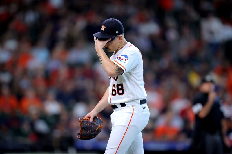 Aug 24, 2023; Houston, Texas, USA; Houston Astros starting pitcher J.P. France (68) walks to the dugout after being relieved from the game against the Boston Red Sox during the third inning at Minute Maid Park. Mandatory Credit: Erik Williams-USA TODAY Sports
