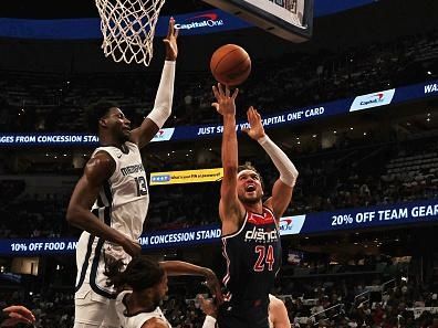 WASHINGTON, DC -? OCTOBER 28: Corey Kispert #24 of the Washington Wizards shoots the ball during the game against the Memphis Grizzlies on October 28, 2023 at Capital One Arena in Washington, DC. NOTE TO USER: User expressly acknowledges and agrees that, by downloading and or using this Photograph, user is consenting to the terms and conditions of the Getty Images License Agreement. Mandatory Copyright Notice: Copyright 2023 NBAE (Photo by Kenny Giarla/NBAE via Getty Images)