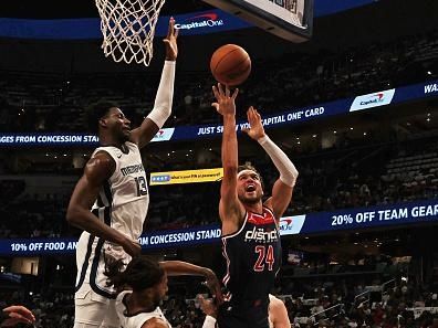 WASHINGTON, DC -? OCTOBER 28: Corey Kispert #24 of the Washington Wizards shoots the ball during the game against the Memphis Grizzlies on October 28, 2023 at Capital One Arena in Washington, DC. NOTE TO USER: User expressly acknowledges and agrees that, by downloading and or using this Photograph, user is consenting to the terms and conditions of the Getty Images License Agreement. Mandatory Copyright Notice: Copyright 2023 NBAE (Photo by Kenny Giarla/NBAE via Getty Images)