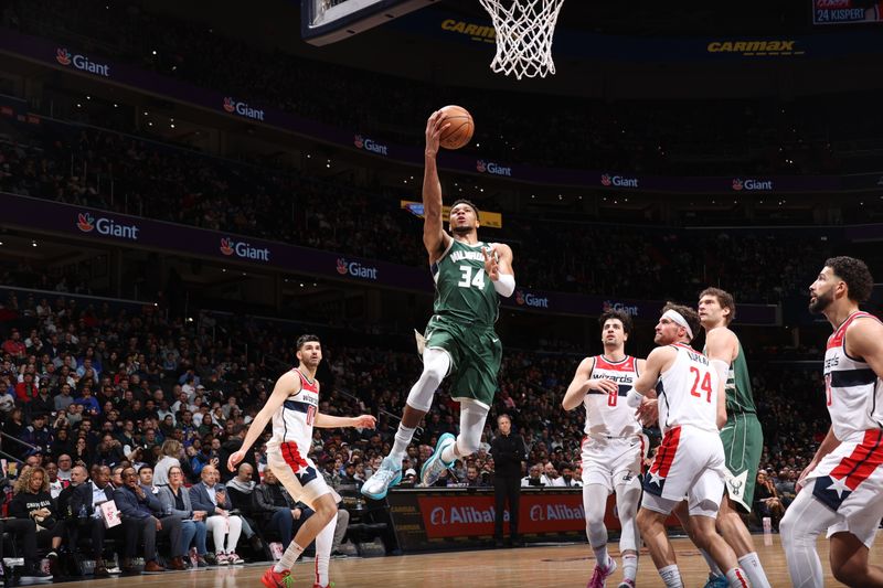 WASHINGTON, DC -? APRIL 2: Giannis Antetokounmpo #34 of the Milwaukee Bucks drives to the basket during the game against the Washington Wizards on April 2, 2024 at Capital One Arena in Washington, DC. NOTE TO USER: User expressly acknowledges and agrees that, by downloading and or using this Photograph, user is consenting to the terms and conditions of the Getty Images License Agreement. Mandatory Copyright Notice: Copyright 2024 NBAE (Photo by Stephen Gosling/NBAE via Getty Images)