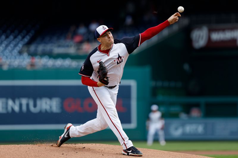 Aug 22, 2024; Washington, District of Columbia, USA; Washington Nationals starting pitcher Patrick Corbin (46) pitches against the Colorado Rockies during the first inning at Nationals Park. Mandatory Credit: Geoff Burke-USA TODAY Sports