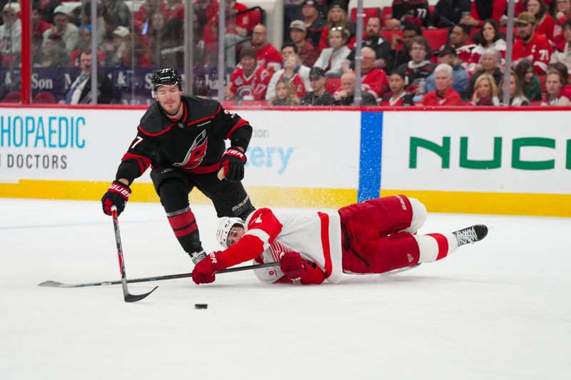 Dec 27, 2025; Raleigh, North Carolina, USA;  Detroit Red Wings center Dylan Larkin (71) loses control of the puck to Carolina Hurricanes right wing Andrei Svechnikov (37) during the third period at Lenovo Center. Mandatory Credit: James Guillory-Imagn Images