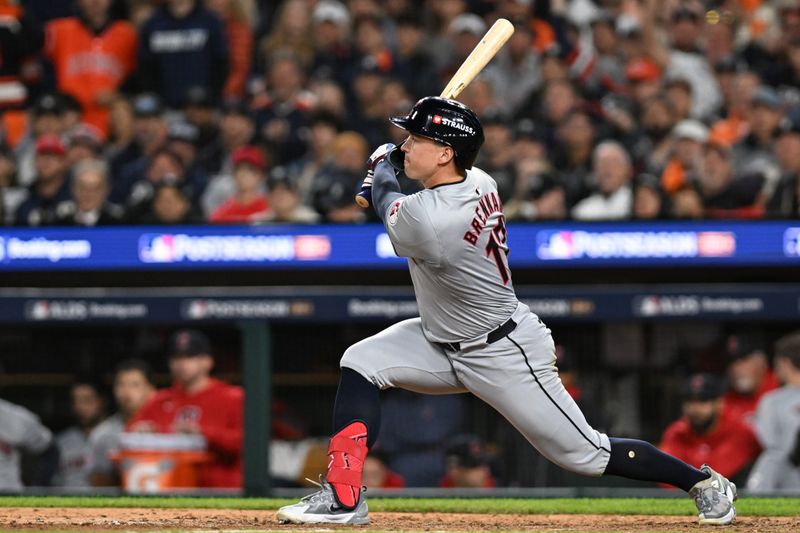 Oct 10, 2024; Detroit, Michigan, USA; Cleveland Guardians outfielder Will Brennan (17) hits a double in the eighth inning against the Detroit Tigers during game four of the ALDS for the 2024 MLB Playoffs at Comerica Park. Mandatory Credit: Lon Horwedel-Imagn Images
