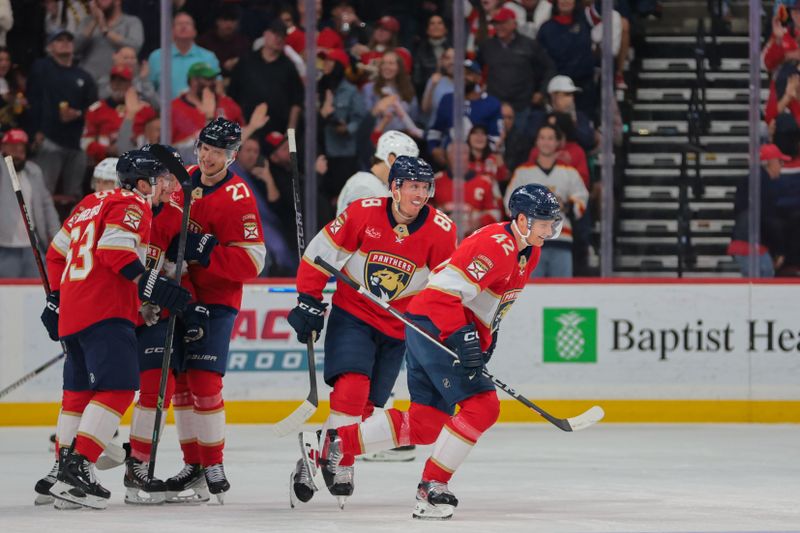 Apr 8, 2025; Sunrise, Florida, USA; Florida Panthers defenseman Gustav Forsling (42) looks on after scoring against the Toronto Maple Leafs during the first period at Amerant Bank Arena. Mandatory Credit: Sam Navarro-Imagn Images
