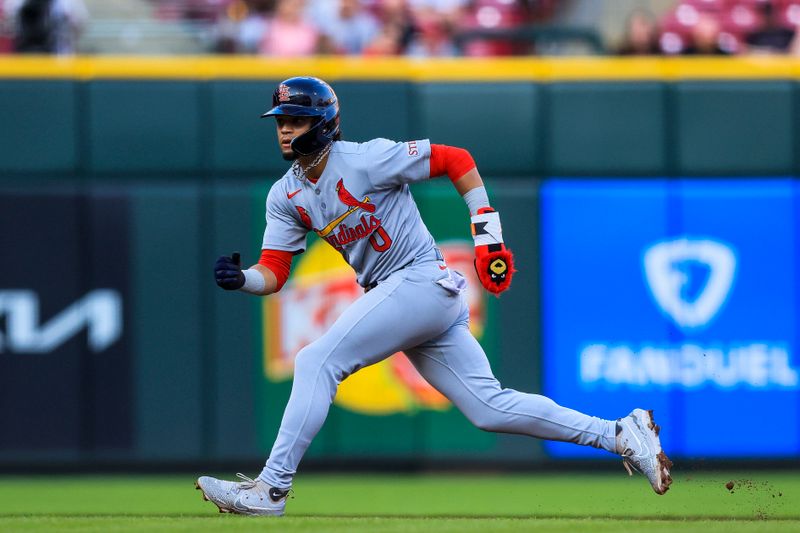 Apr 30, 2025; Cincinnati, Ohio, USA; St. Louis Cardinals shortstop Masyn Winn (0) leads off from second in the third inning against the Cincinnati Reds at Great American Ball Park. Mandatory Credit: Katie Stratman-Imagn Images
