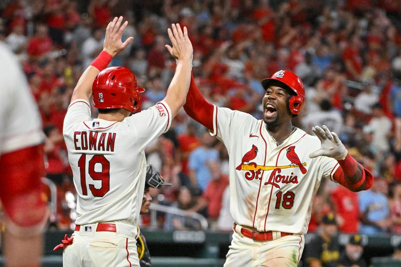 Sep 2, 2023; St. Louis, Missouri, USA;  St. Louis Cardinals right fielder Jordan Walker (18) celebrates with second baseman Tommy Edman (19) after hitting a two run home run against the Pittsburgh Pirates during the seventh inning at Busch Stadium. Mandatory Credit: Jeff Curry-USA TODAY Sports