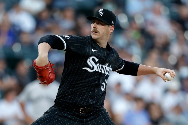 Aug 12, 2024; Chicago, Illinois, USA; Chicago White Sox pitcher Ky Bush (57) throws a pitch during the first inning against the New York Yankees at Guaranteed Rate Field. Mandatory Credit: Kamil Krzaczynski-USA TODAY Sports