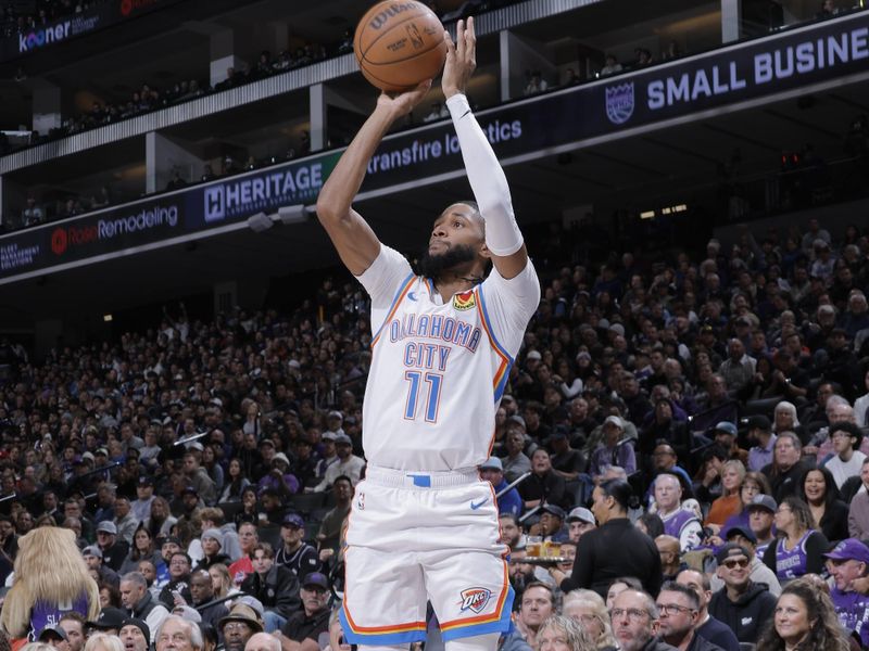 SACRAMENTO, CA - NOVEMBER 25: Aaron Wiggins #21 of the Oklahoma City Thunder shoots the ball during the game against the Sacramento Kings on November 25, 2024 at Golden 1 Center in Sacramento, California. NOTE TO USER: User expressly acknowledges and agrees that, by downloading and or using this Photograph, user is consenting to the terms and conditions of the Getty Images License Agreement. Mandatory Copyright Notice: Copyright 2024 NBAE (Photo by Rocky Widner/NBAE via Getty Images)