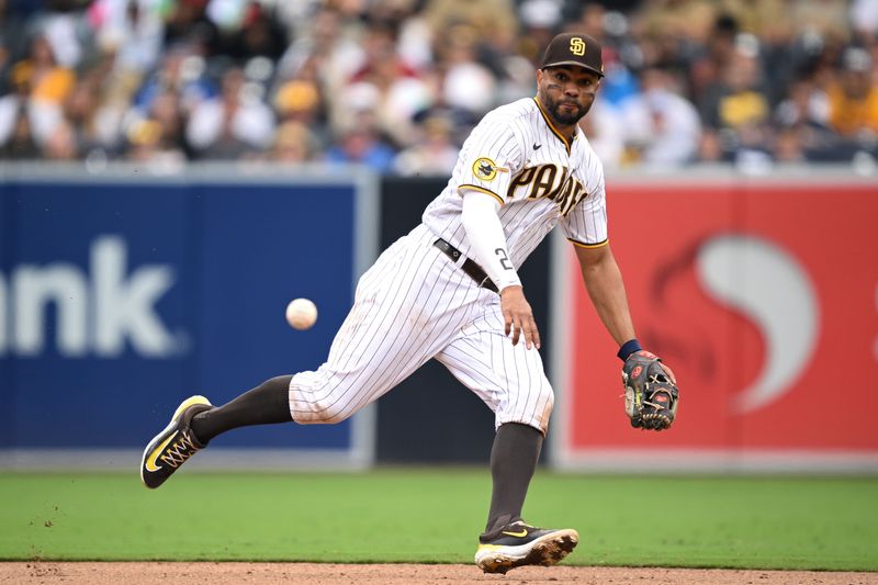 May 17, 2023; San Diego, California, USA; San Diego Padres shortstop Xander Bogaerts (2) watches a ground ball hit for a single by Kansas City Royals third baseman Maikel Garcia (not pictured) during the eighth inning at Petco Park. Mandatory Credit: Orlando Ramirez-USA TODAY Sports