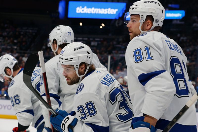 Nov 21, 2024; Columbus, Ohio, USA; Tampa Bay Lightning left wing Brandon Hagel (38) celebrates his goal against the Columbus Blue Jackets during the first period at Nationwide Arena. Mandatory Credit: Russell LaBounty-Imagn Images